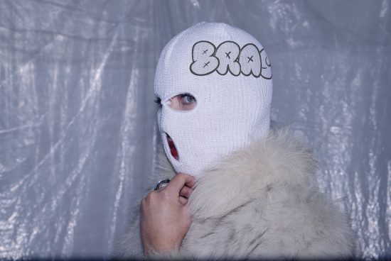 Person in white ski mask with cartoon bubble and symbols, fur coat, unique graphic design element for mockups and templates.